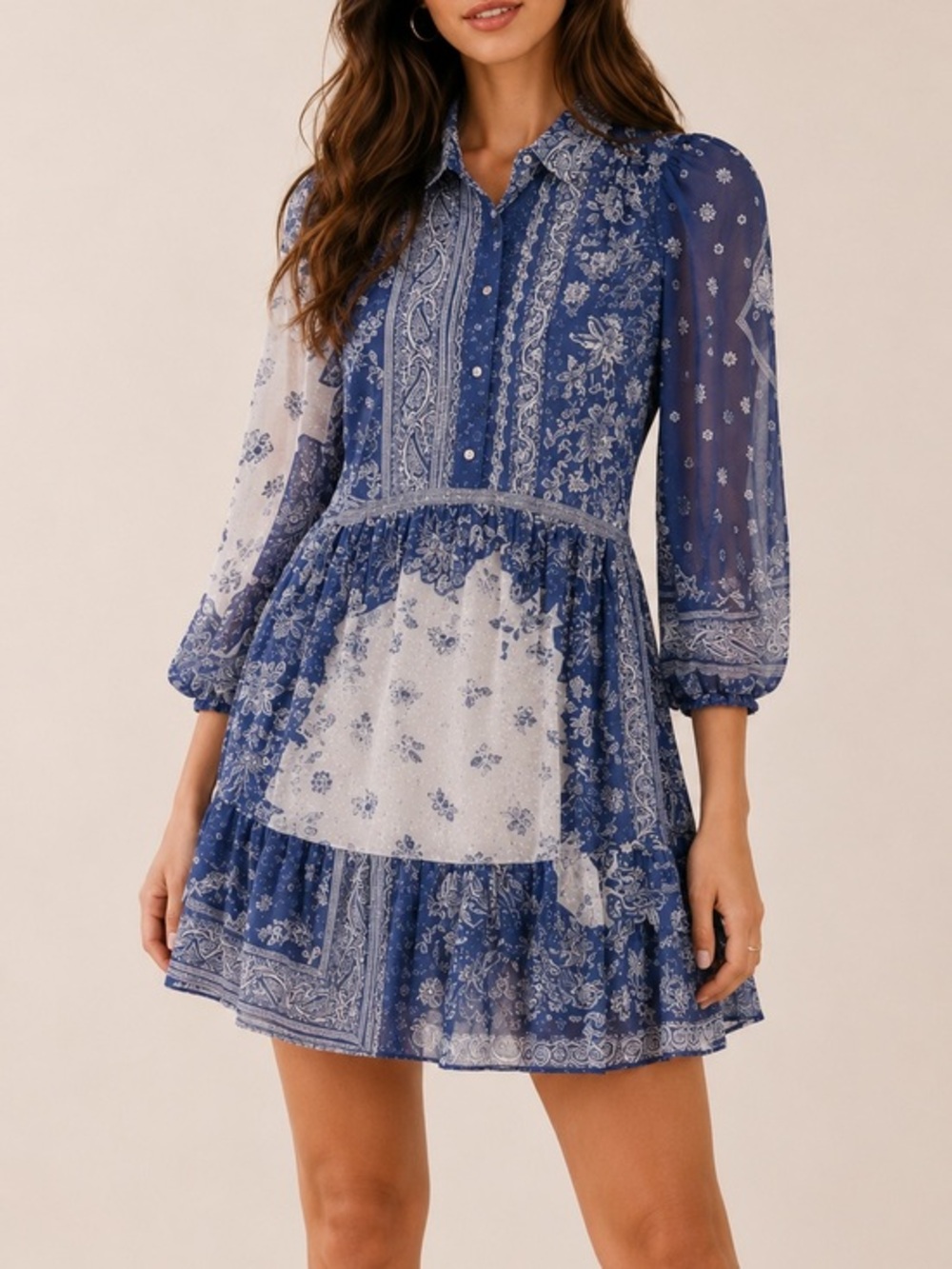 Naracamicie Blue Floral Long Sleeve Boho Ruffle Flowy Mini Dress